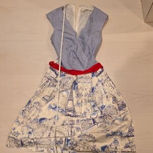 Chetta B Blue and White Printed Dress with Red Accents SIZE 4
